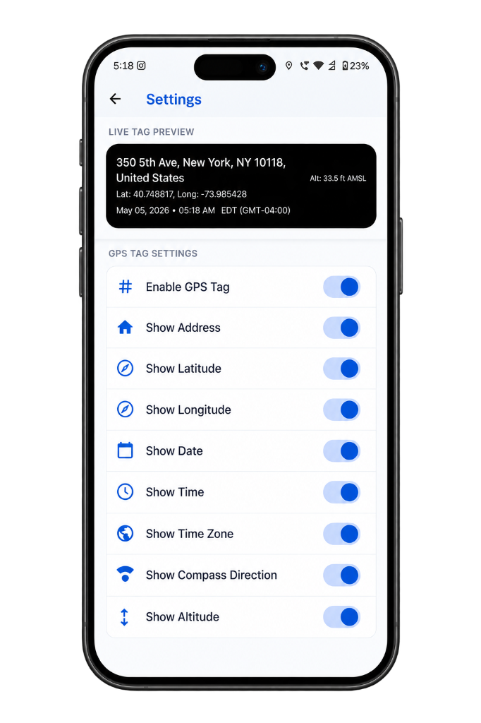 True Location GPS Tag Settings Screen
